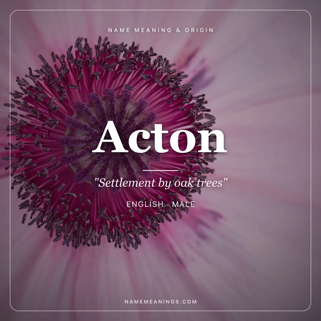 Acton name meaning "Settlement by oak trees" - English male name share card | NameMeanings