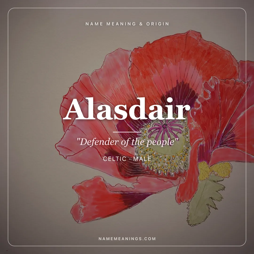 Alasdair name meaning "Defender of the people" - Celtic male name share card | NameMeanings