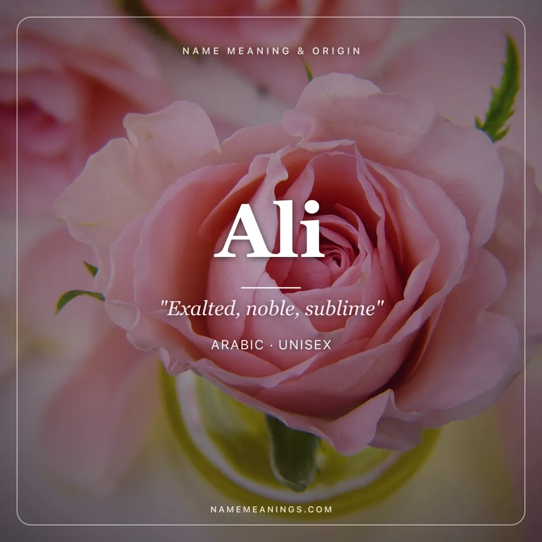 Ali name meaning "Exalted, noble, sublime" - Arabic unisex name share card | NameMeanings