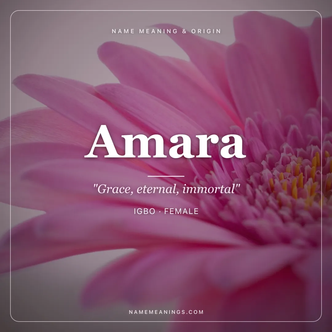 Amara name meaning "Grace, eternal, immortal" - Igbo, Sanskrit, Arabic female name share card | NameMeanings