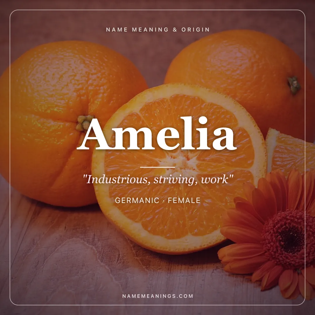 Amelia name meaning "Industrious, striving, work" - Germanic female name share card | NameMeanings