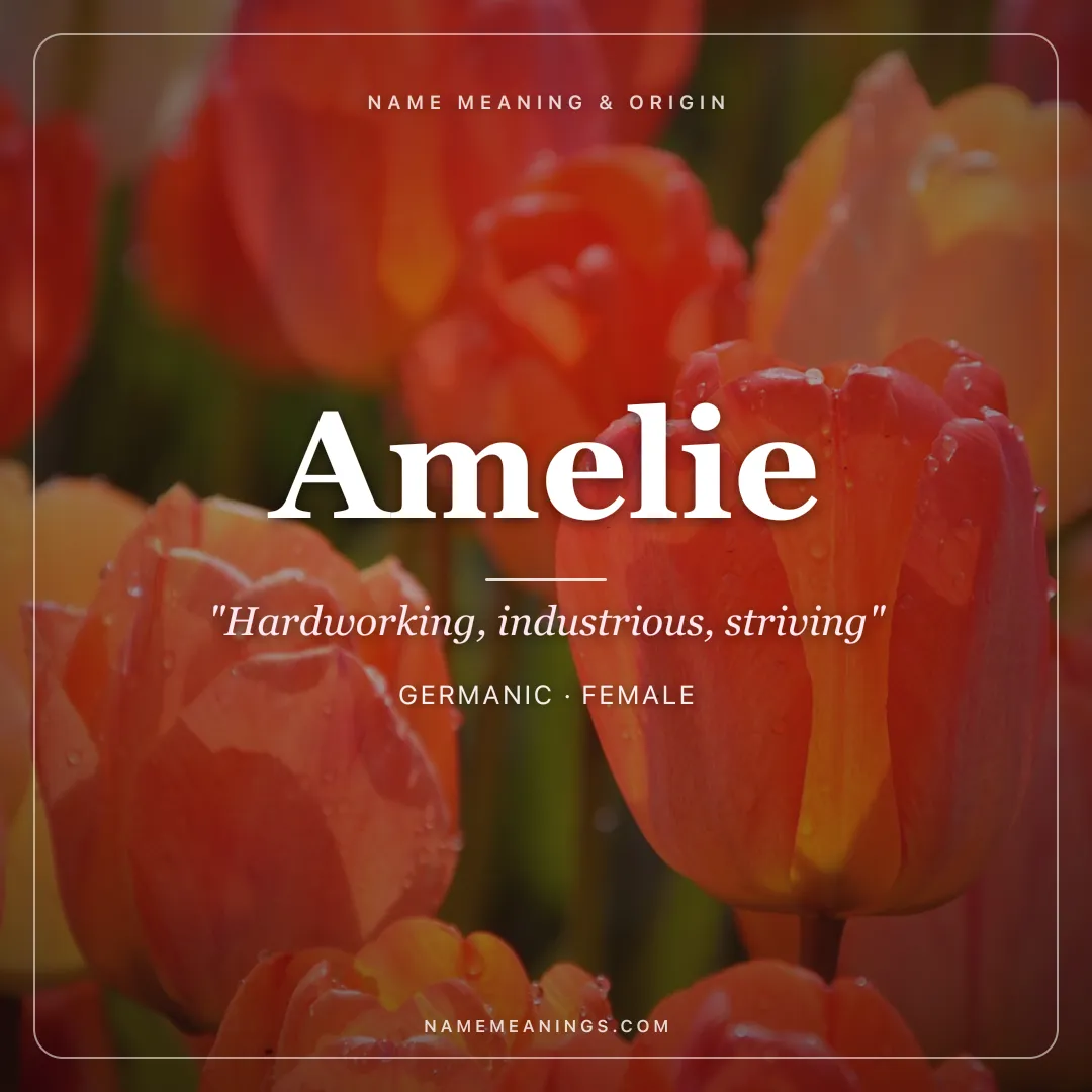 Amelie name meaning "Hardworking, industrious, striving" - Germanic female name share card | NameMeanings
