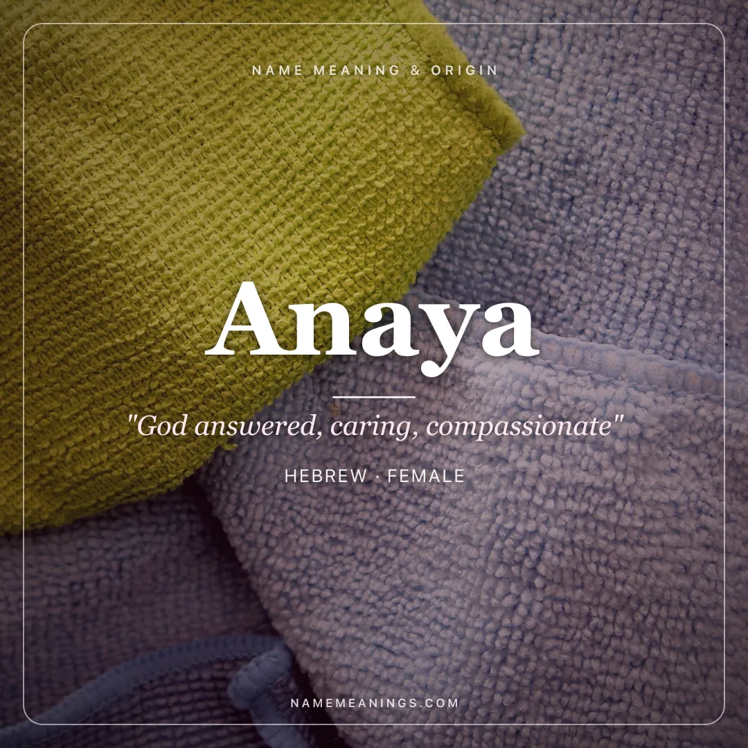 Anaya name meaning "God answered, caring, compassionate" - Hebrew, Sanskrit female name share card | NameMeanings