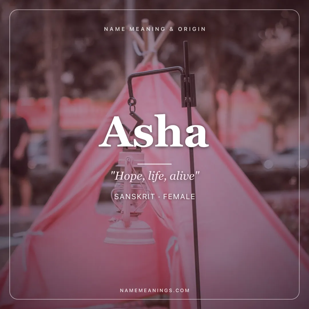 Asha name meaning "Hope, life, alive" - Sanskrit, Swahili female name share card | NameMeanings