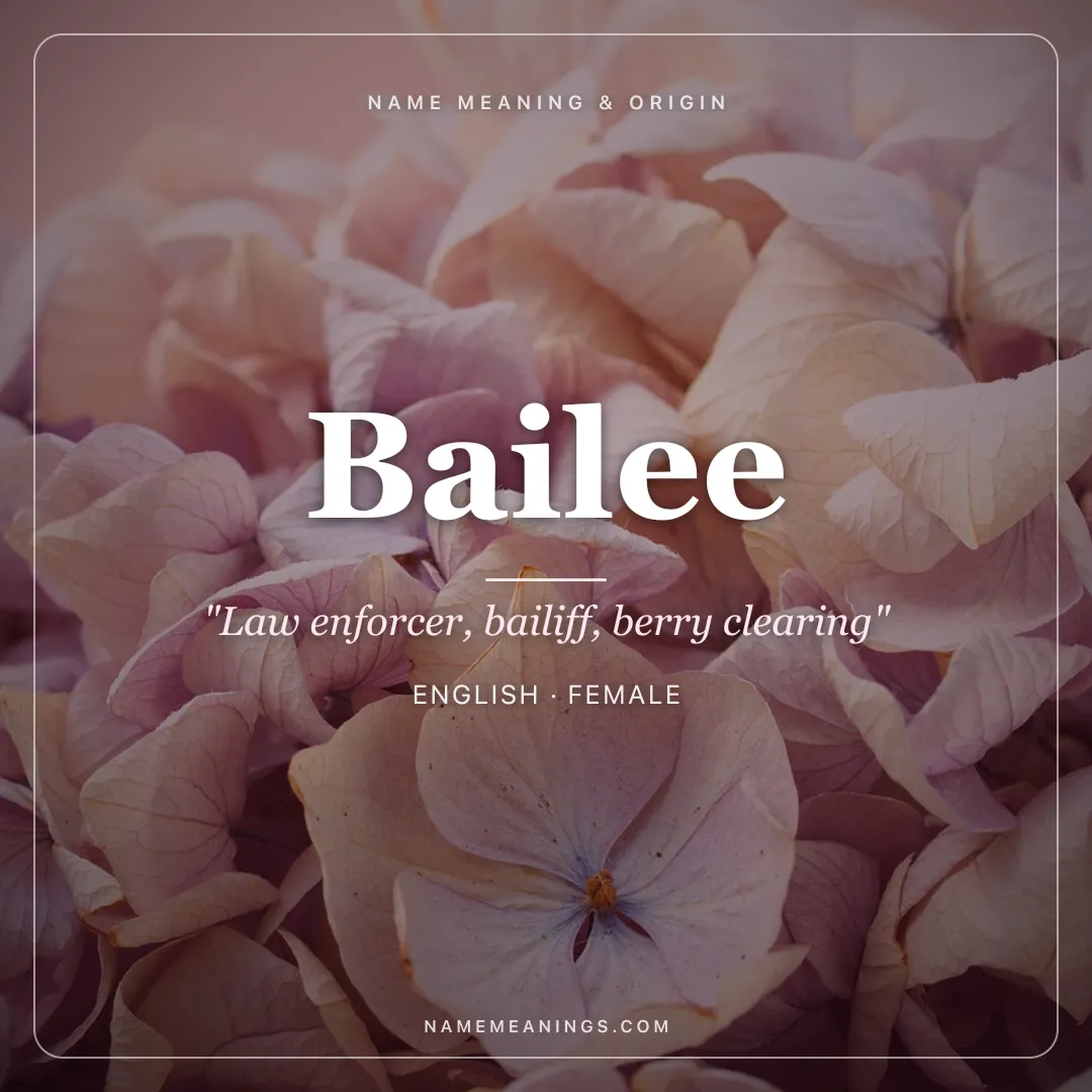 Bailee name meaning "Law enforcer, bailiff, berry clearing" - English female name share card | NameMeanings