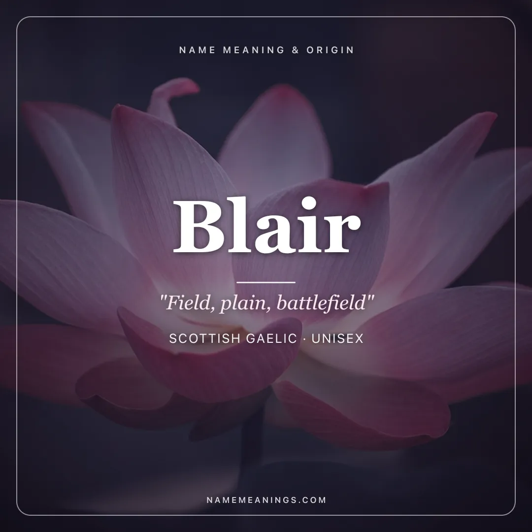 Blair name meaning "Field, plain, battlefield" - Scottish Gaelic unisex name share card | NameMeanings