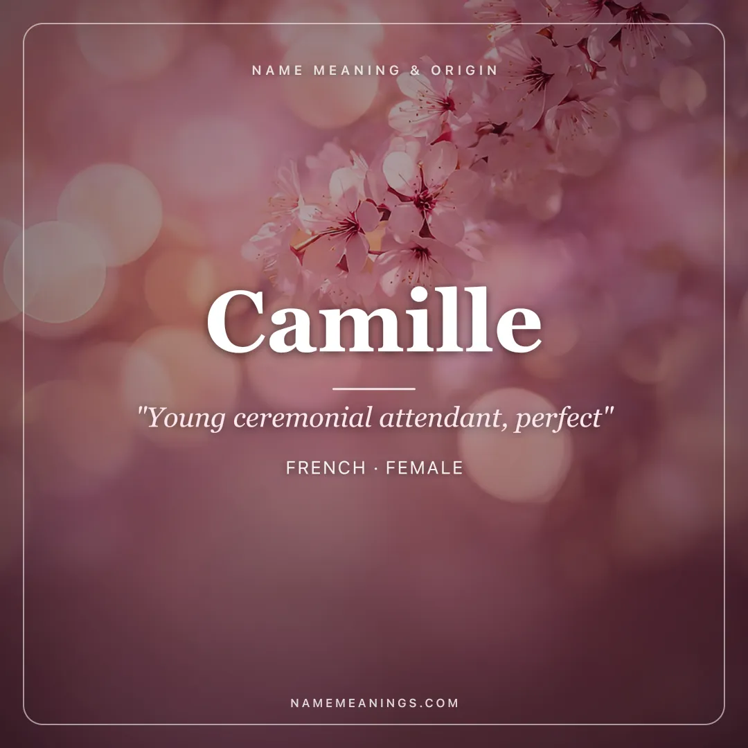 Camille name meaning "Young ceremonial attendant, perfect" - French, Latin female name share card | NameMeanings