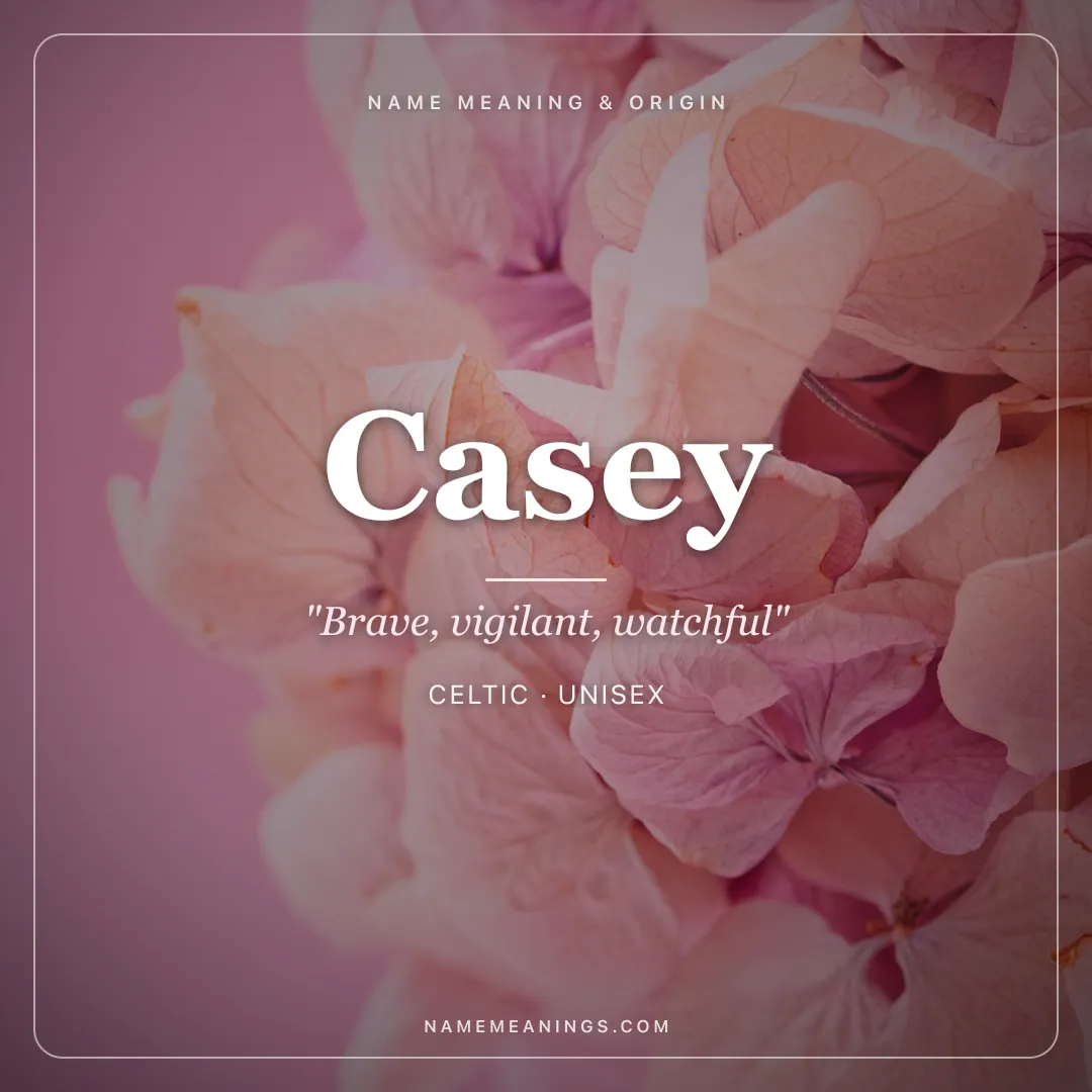 Casey name meaning "Brave, vigilant, watchful" - Celtic unisex name share card | NameMeanings