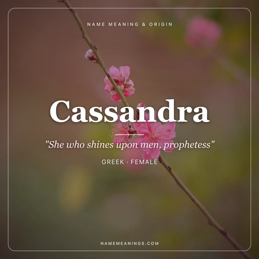 Cassandra name meaning "She who shines upon men, prophetess" - Greek female name share card | NameMeanings