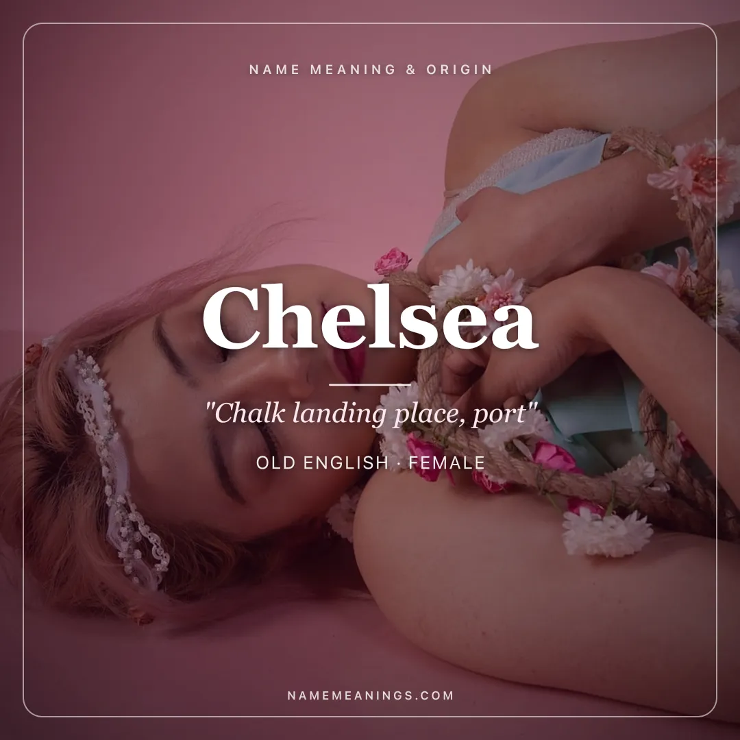 Chelsea name meaning "Chalk landing place, port" - Old English female name share card | NameMeanings