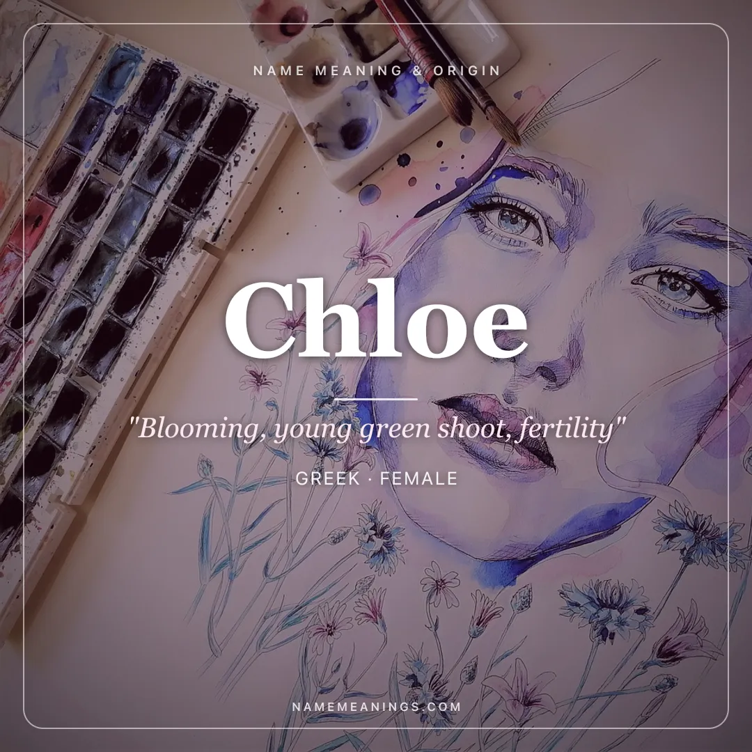 Chloe name meaning "Blooming, young green shoot, fertility" - Greek female name share card | NameMeanings