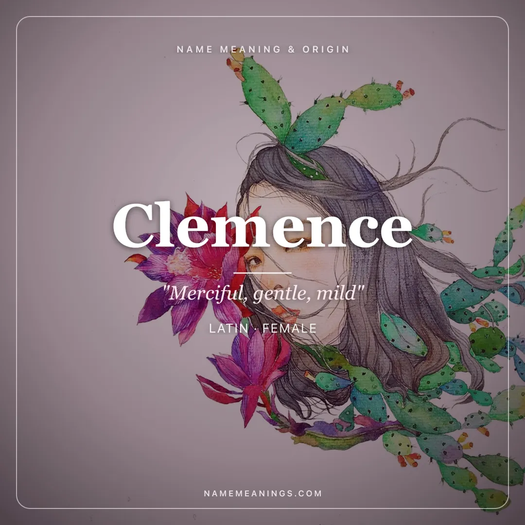 Clemence name meaning "Merciful, gentle, mild" - Latin female name share card | NameMeanings