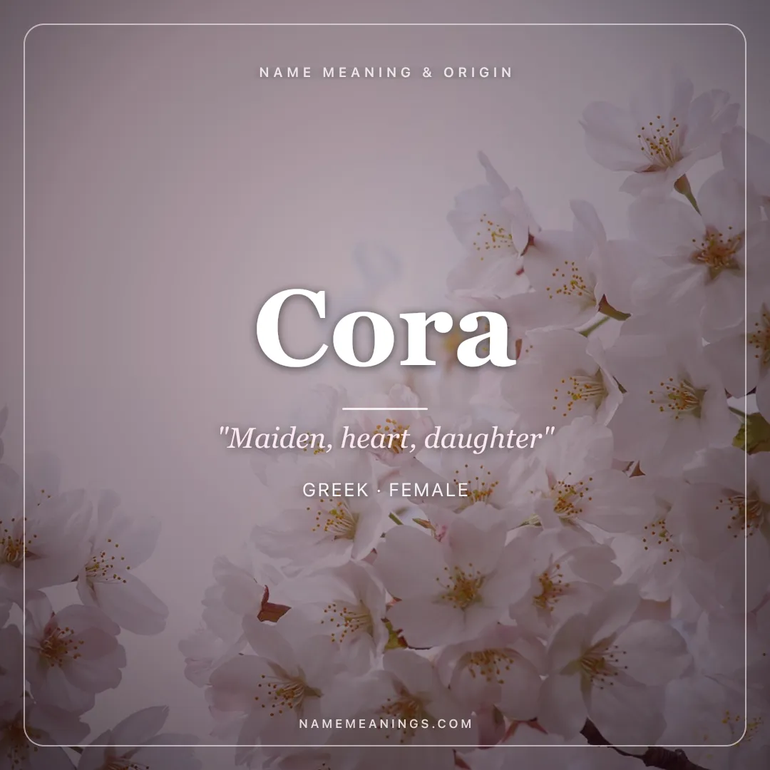 Cora name meaning "Maiden, heart, daughter" - Greek female name share card | NameMeanings