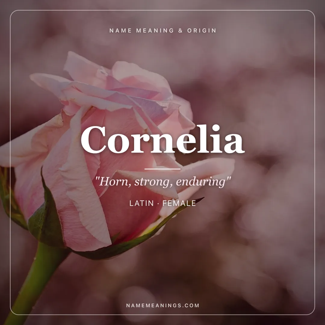 Cornelia name meaning "Horn, strong, enduring" - Latin female name share card | NameMeanings