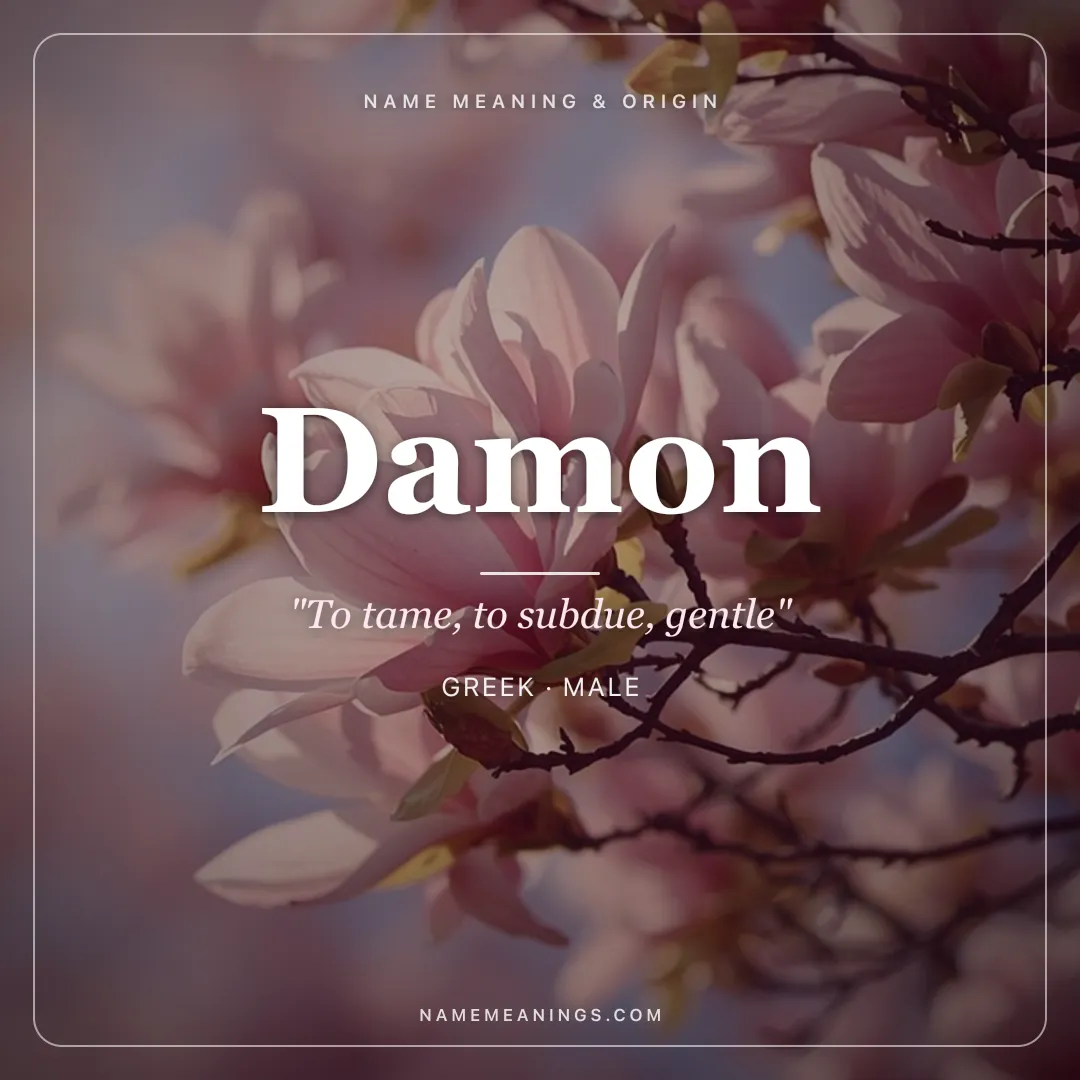 Damon name meaning "To tame, to subdue, gentle" - Greek male name share card | NameMeanings