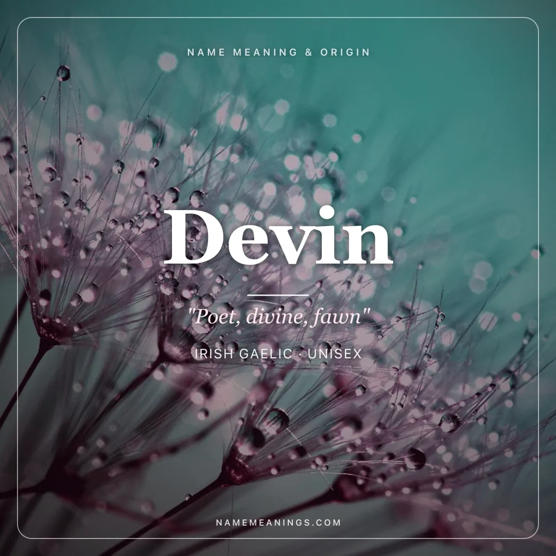 Devin name meaning "Poet, divine, fawn" - Irish Gaelic, Latin unisex name share card | NameMeanings