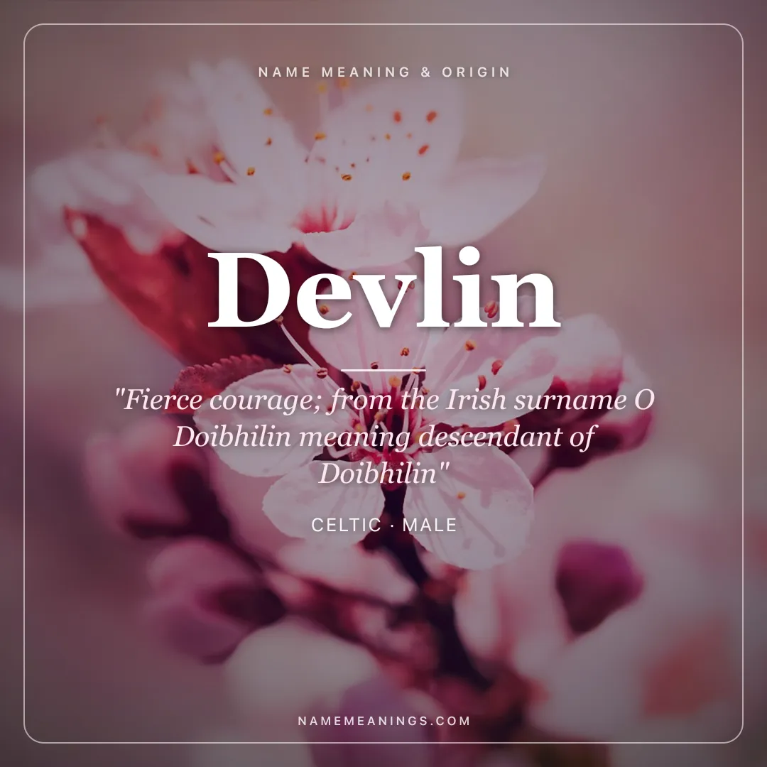 Devlin name meaning "Fierce courage; from the Irish surname O Doibhilin meaning descendant of Doibhilin" - Celtic male name share card | NameMeanings