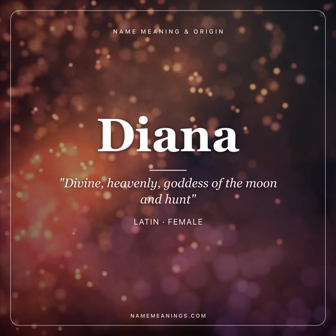 Diana name meaning "Divine, heavenly, goddess of the moon and hunt" - Latin female name share card | NameMeanings