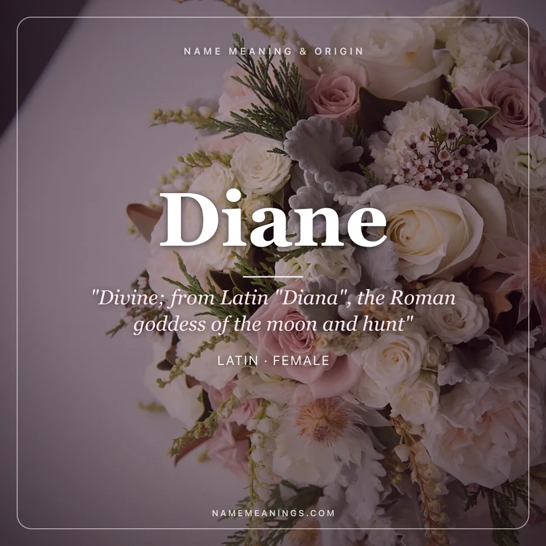 Diane name meaning "Divine; from Latin "Diana", the Roman goddess of the moon and hunt" - Latin female name share card | NameMeanings