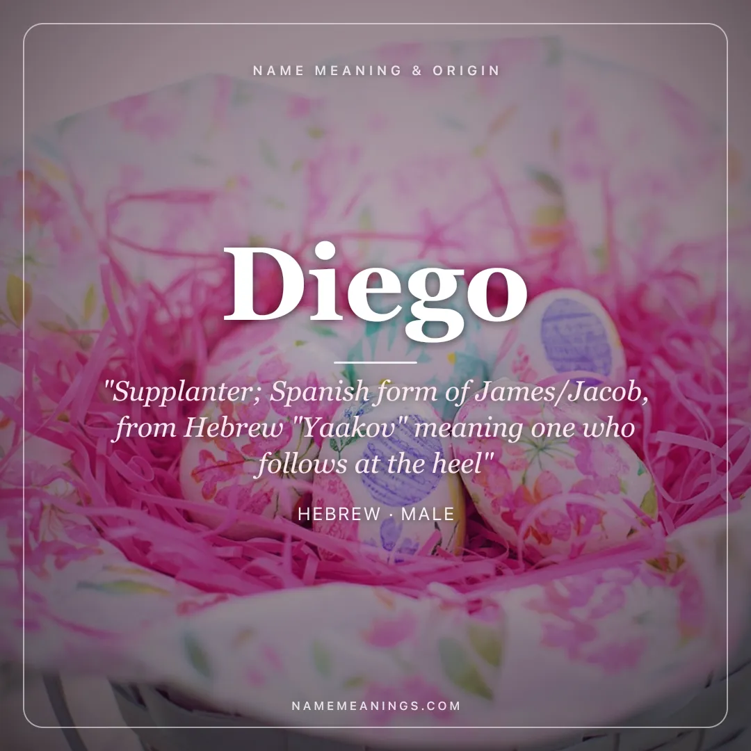 Diego name meaning "Supplanter; Spanish form of James/Jacob, from Hebrew "Yaakov" meaning one who follows at the heel" - Hebrew male name share card | NameMeanings