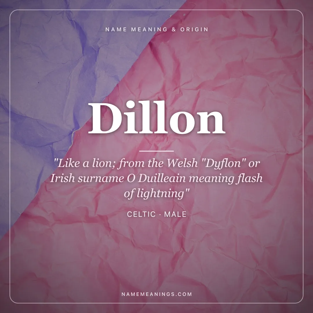 Dillon name meaning "Like a lion; from the Welsh "Dyflon" or Irish surname O Duilleain meaning flash of lightning" - Celtic male name share card | NameMeanings