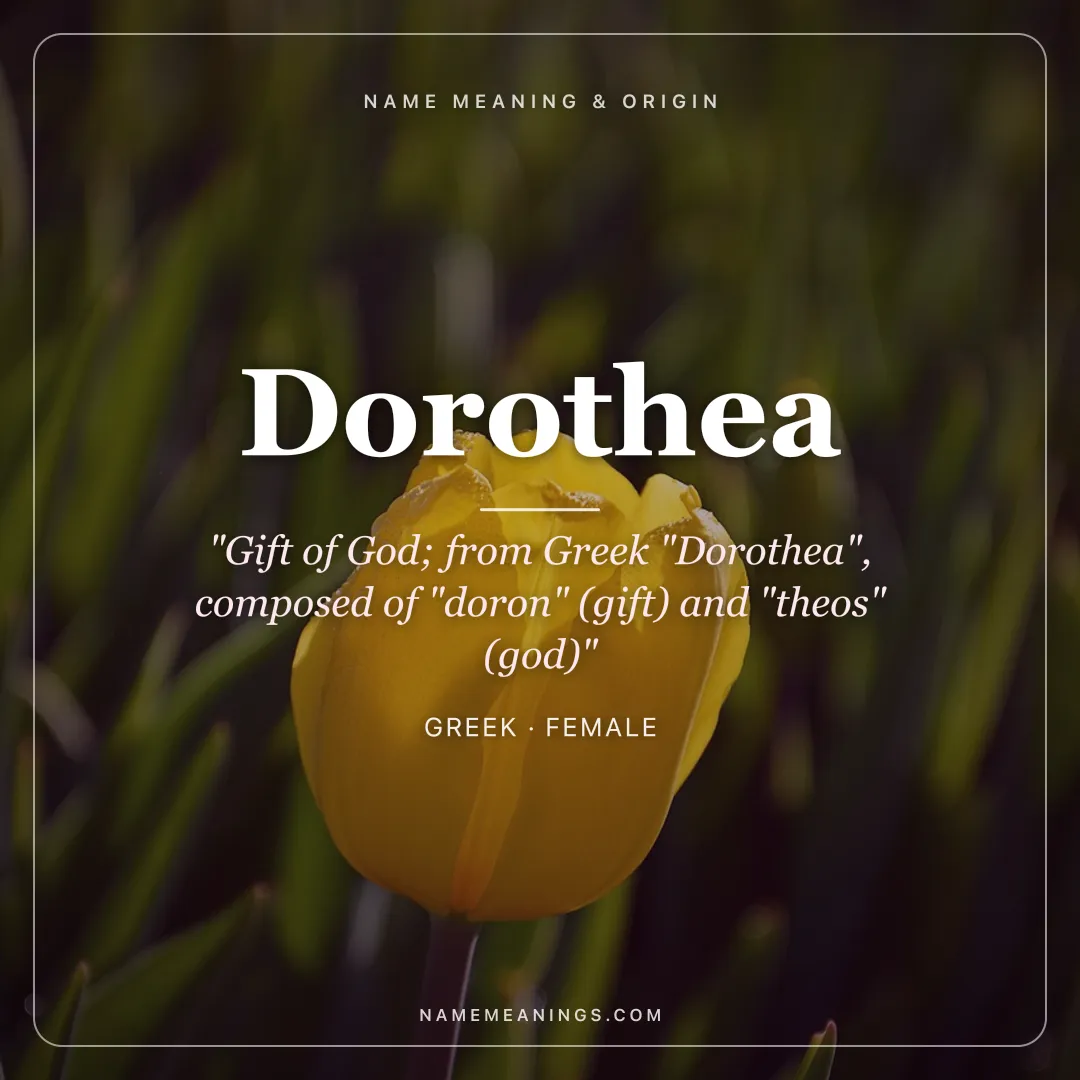 Dorothea name meaning "Gift of God; from Greek "Dorothea", composed of "doron" (gift) and "theos" (god)" - Greek female name share card | NameMeanings