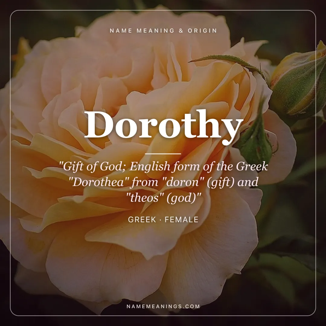 Dorothy name meaning "Gift of God; English form of the Greek "Dorothea" from "doron" (gift) and "theos" (god)" - Greek female name share card | NameMeanings
