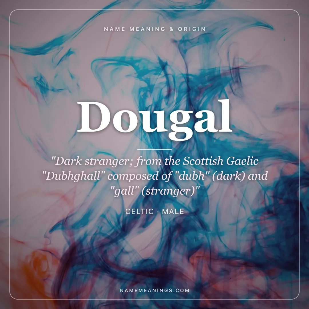 Dougal name meaning "Dark stranger; from the Scottish Gaelic "Dubhghall" composed of "dubh" (dark) and "gall" (stranger)" - Celtic male name share card | NameMeanings
