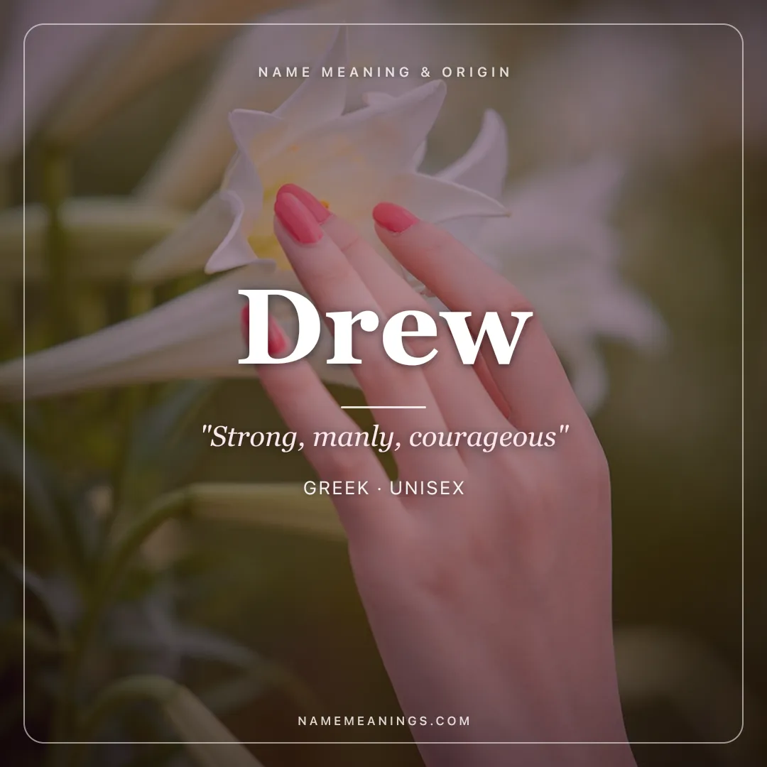 Drew name meaning "Strong, manly, courageous" - Greek, Welsh unisex name share card | NameMeanings