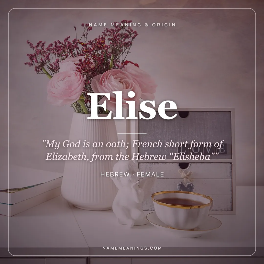 Elise name meaning "My God is an oath; French short form of Elizabeth, from the Hebrew "Elisheba"" - Hebrew female name share card | NameMeanings