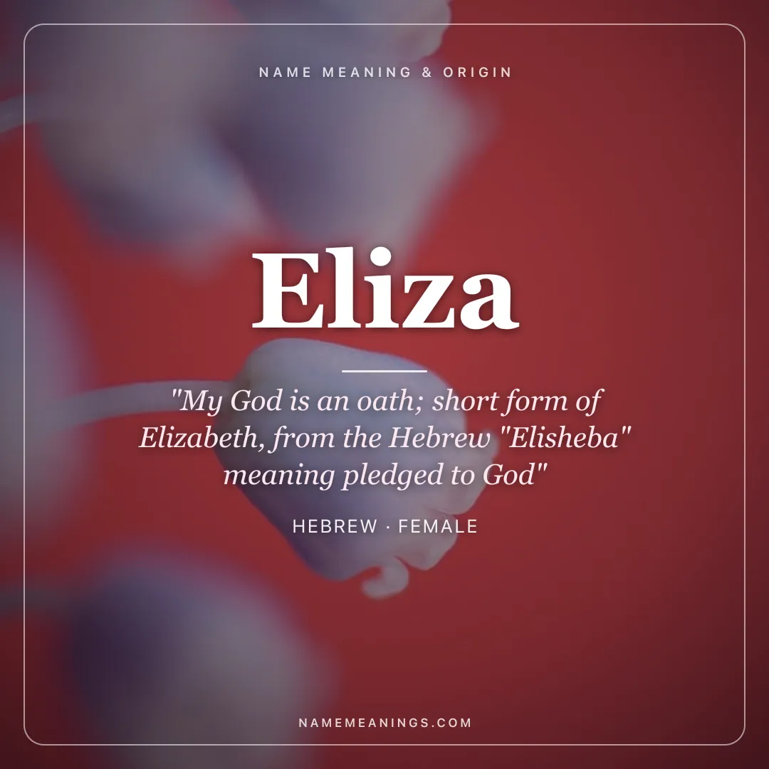 Eliza name meaning "My God is an oath; short form of Elizabeth, from the Hebrew "Elisheba" meaning pledged to God" - Hebrew female name share card | NameMeanings