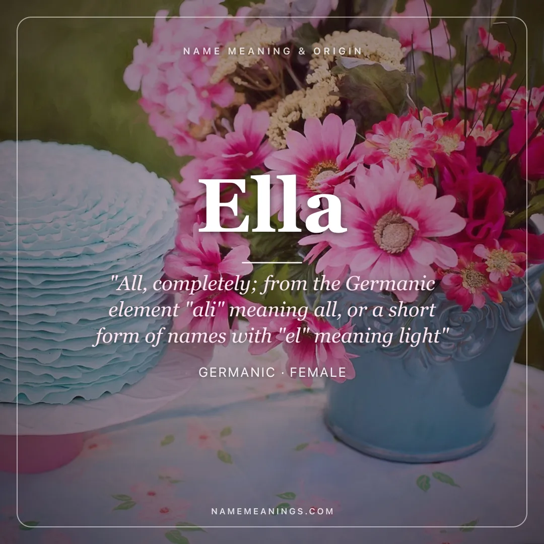 Ella name meaning "All, completely; from the Germanic element "ali" meaning all, or a short form of names with "el" meaning light" - Germanic female name share card | NameMeanings