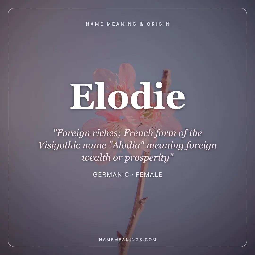 Elodie name meaning "Foreign riches; French form of the Visigothic name "Alodia" meaning foreign wealth or prosperity" - Germanic female name share card | NameMeanings