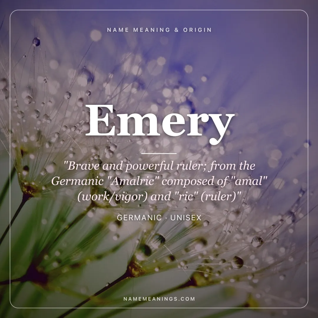 Emery name meaning "Brave and powerful ruler; from the Germanic "Amalric" composed of "amal" (work/vigor) and "ric" (ruler)" - Germanic unisex name share card | NameMeanings