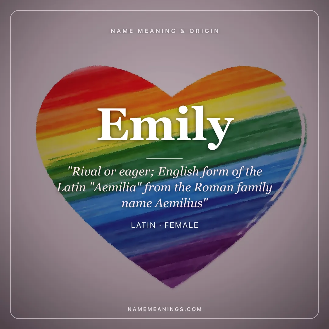Emily name meaning "Rival or eager; English form of the Latin "Aemilia" from the Roman family name Aemilius" - Latin female name share card | NameMeanings