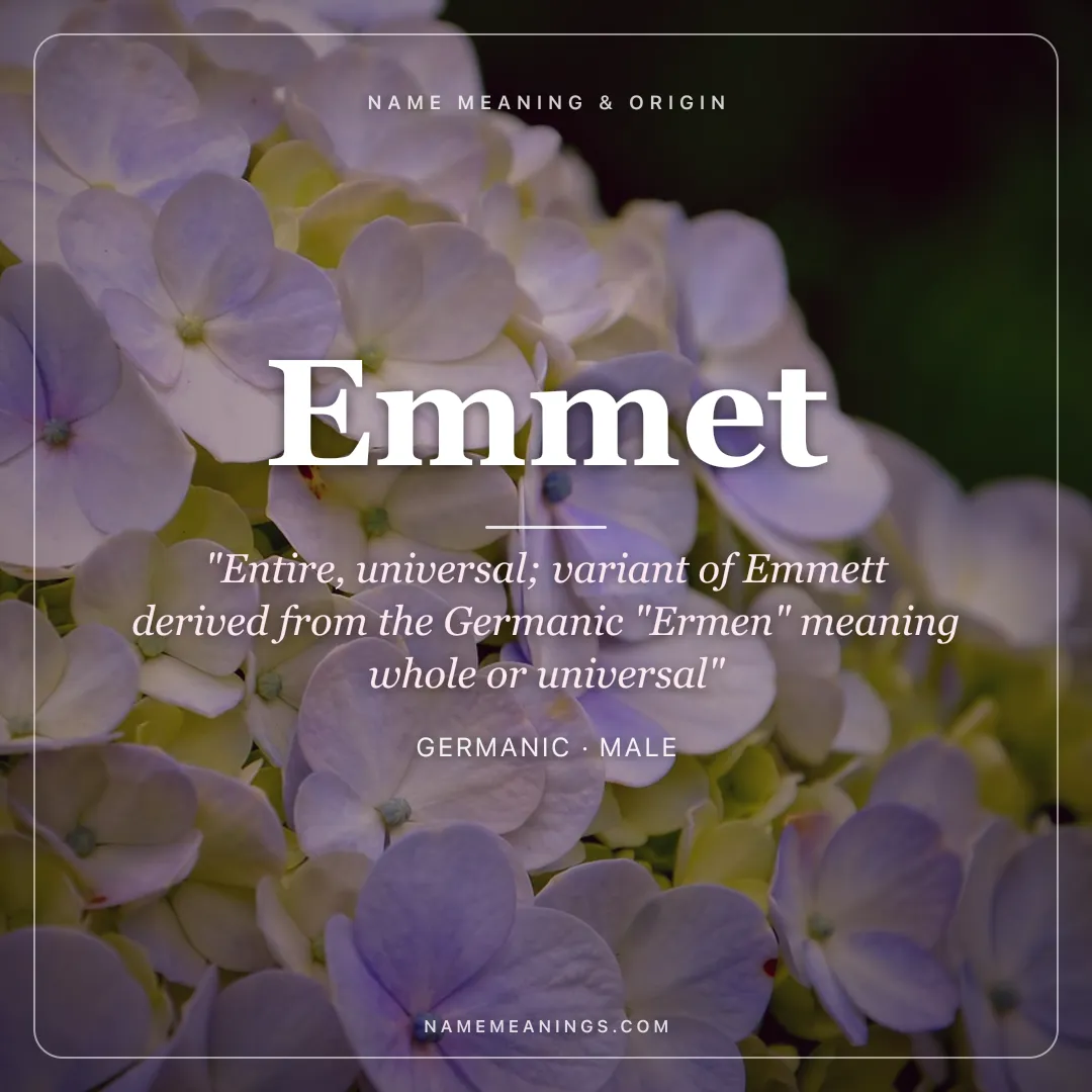 Emmet name meaning "Entire, universal; variant of Emmett derived from the Germanic "Ermen" meaning whole or universal" - Germanic male name share card | NameMeanings