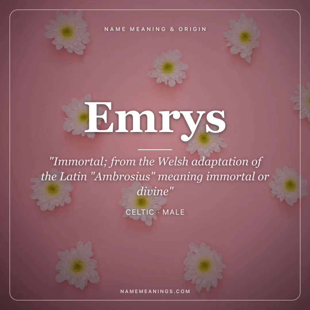 Emrys name meaning "Immortal; from the Welsh adaptation of the Latin "Ambrosius" meaning immortal or divine" - Celtic male name share card | NameMeanings
