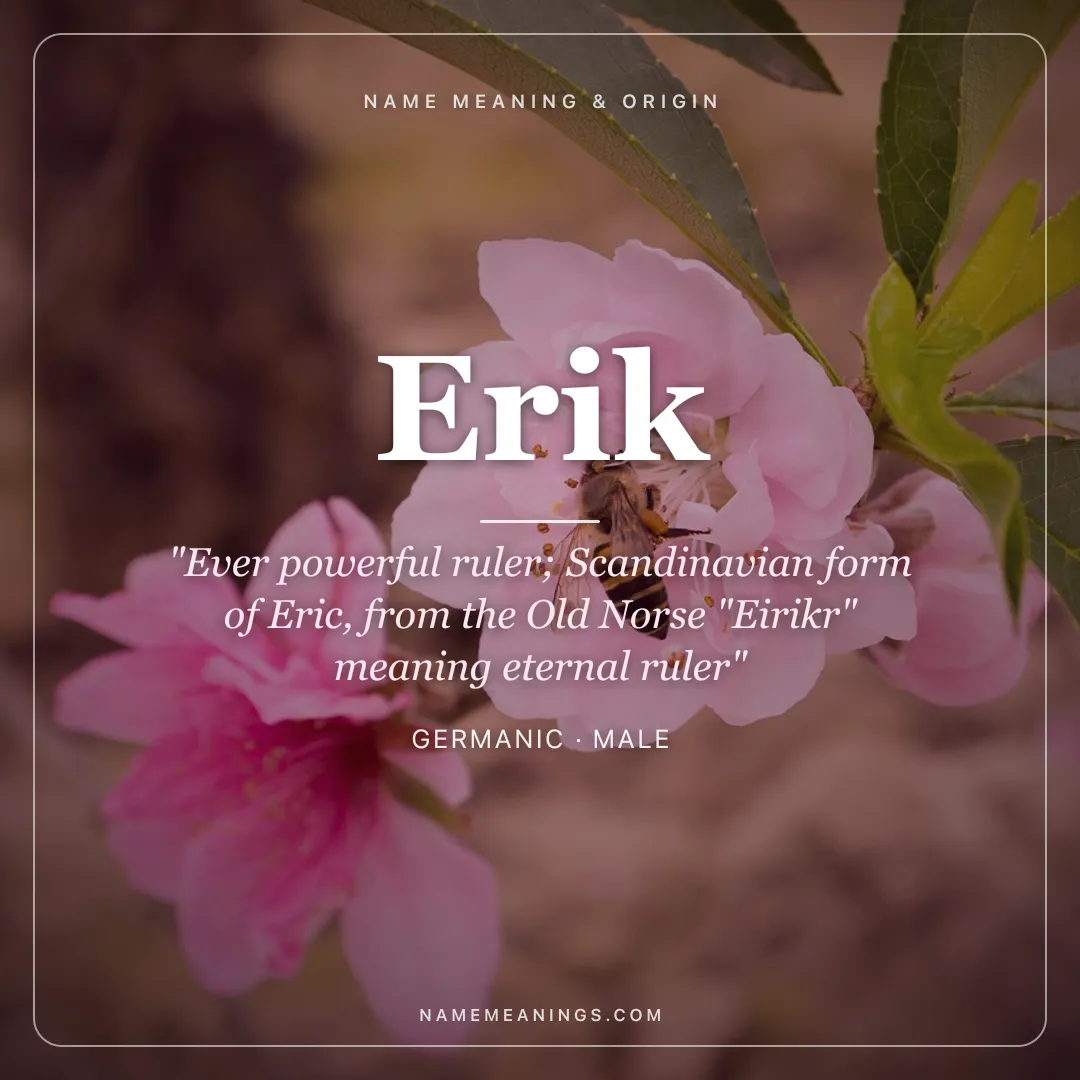 Erik name meaning "Ever powerful ruler; Scandinavian form of Eric, from the Old Norse "Eirikr" meaning eternal ruler" - Germanic male name share card | NameMeanings