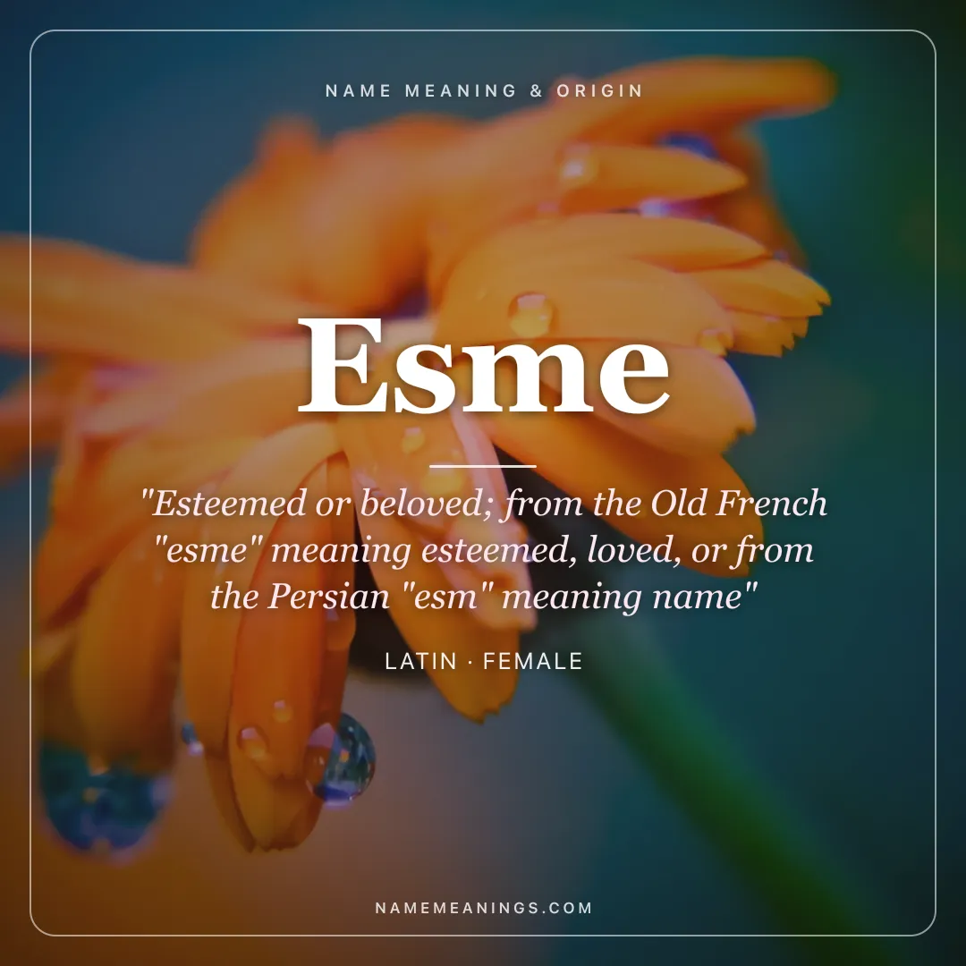 Esme name meaning "Esteemed or beloved; from the Old French "esme" meaning esteemed, loved, or from the Persian "esm" meaning name" - Latin female name share card | NameMeanings