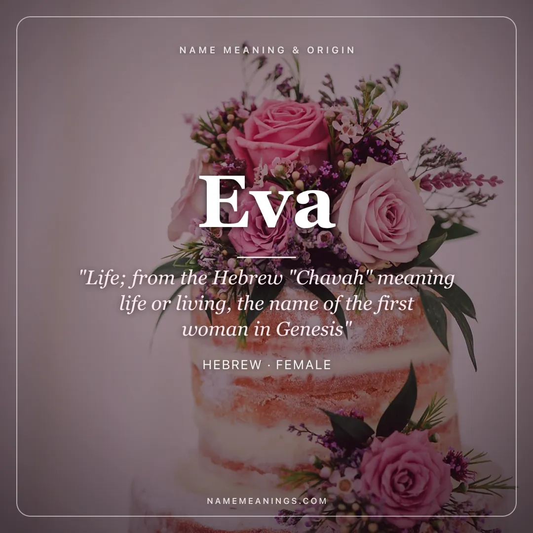 Eva name meaning "Life; from the Hebrew "Chavah" meaning life or living, the name of the first woman in Genesis" - Hebrew female name share card | NameMeanings