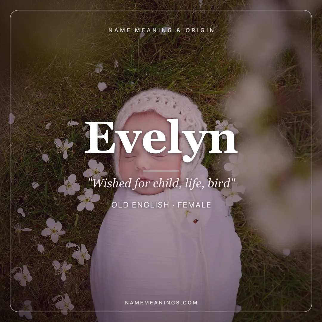 Evelyn name meaning "Wished for child, life, bird" - Old English, Norman female name share card | NameMeanings