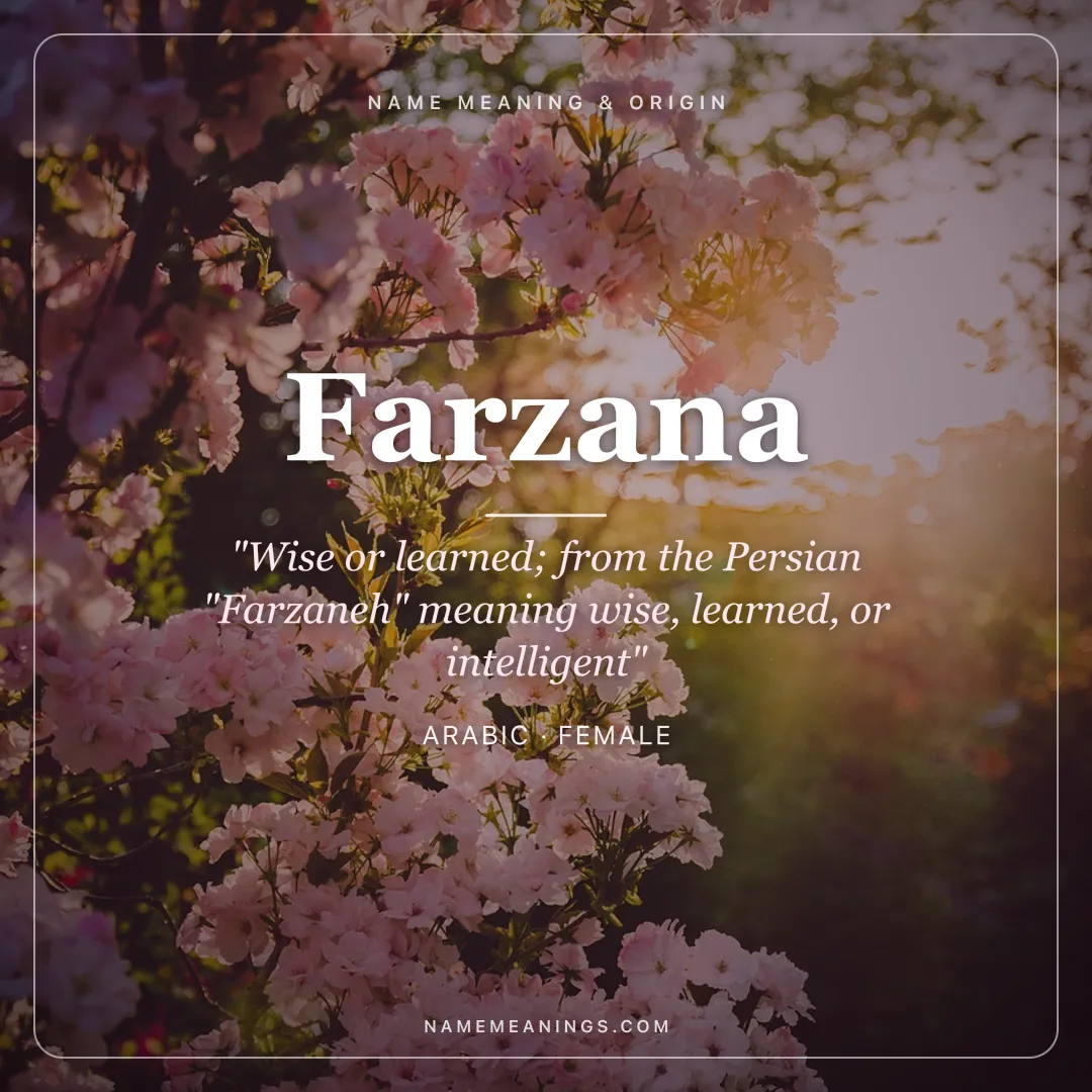 Farzana name meaning "Wise or learned; from the Persian "Farzaneh" meaning wise, learned, or intelligent" - Arabic female name share card | NameMeanings
