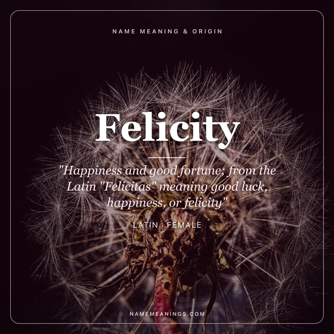 Felicity name meaning "Happiness and good fortune; from the Latin "Felicitas" meaning good luck, happiness, or felicity" - Latin female name share card | NameMeanings