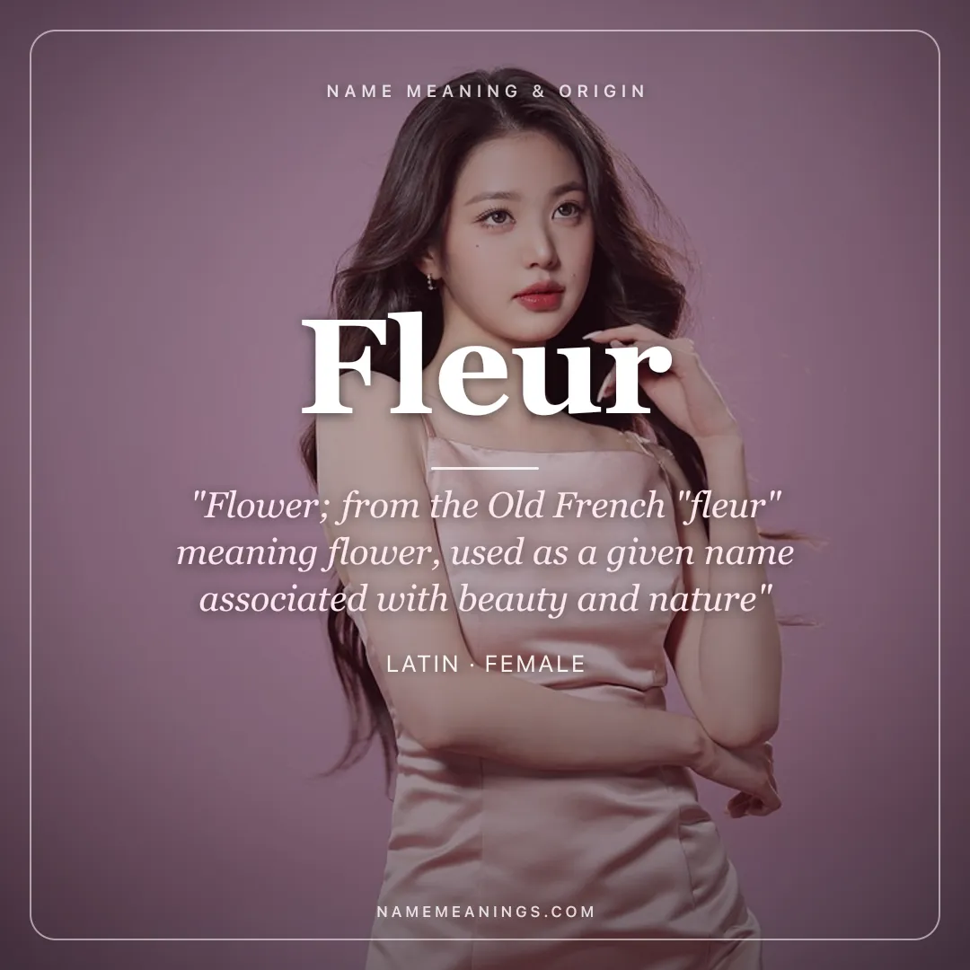Fleur name meaning "Flower; from the Old French "fleur" meaning flower, used as a given name associated with beauty and nature" - Latin female name share card | NameMeanings