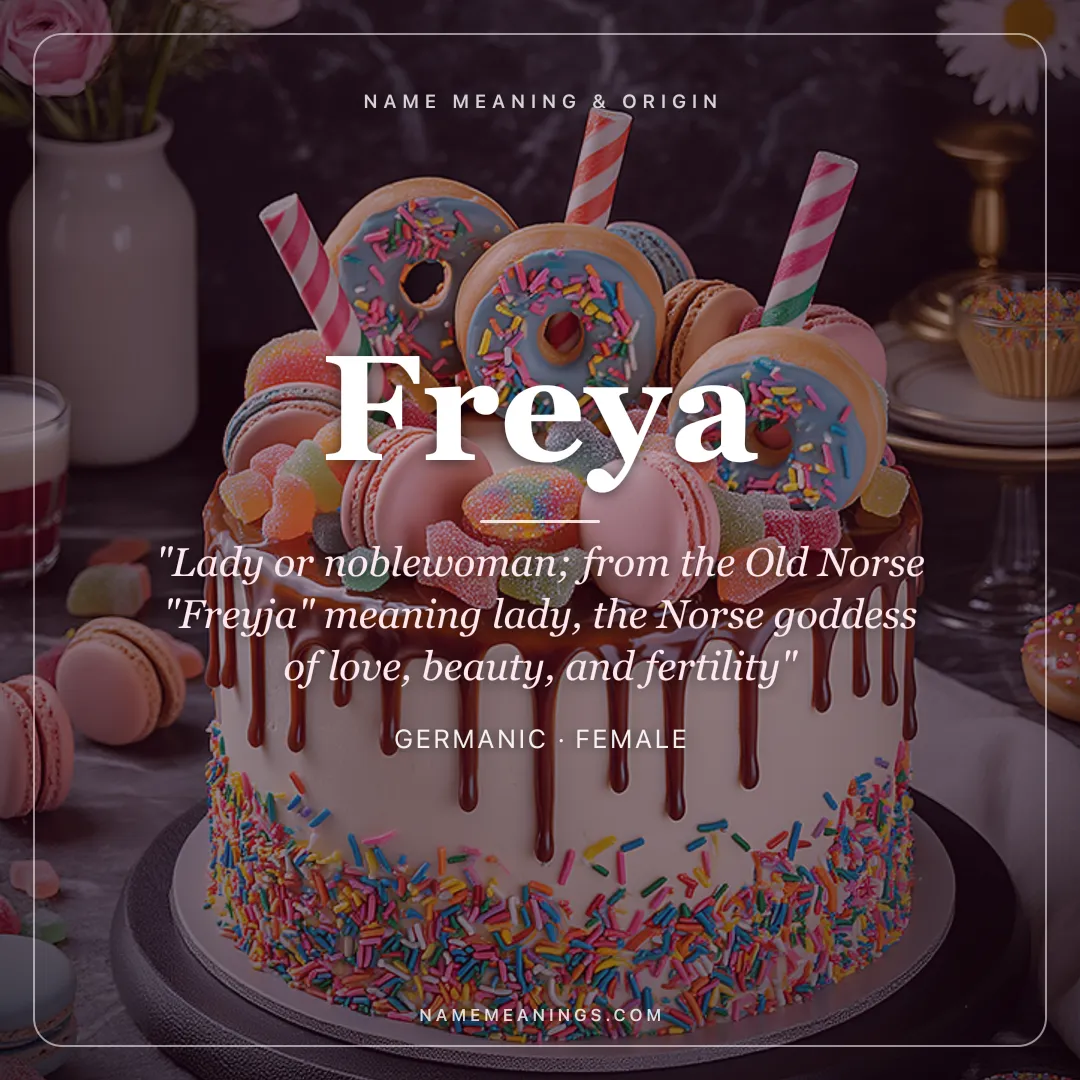 Freya name meaning "Lady or noblewoman; from the Old Norse "Freyja" meaning lady, the Norse goddess of love, beauty, and fertility" - Germanic female name share card | NameMeanings