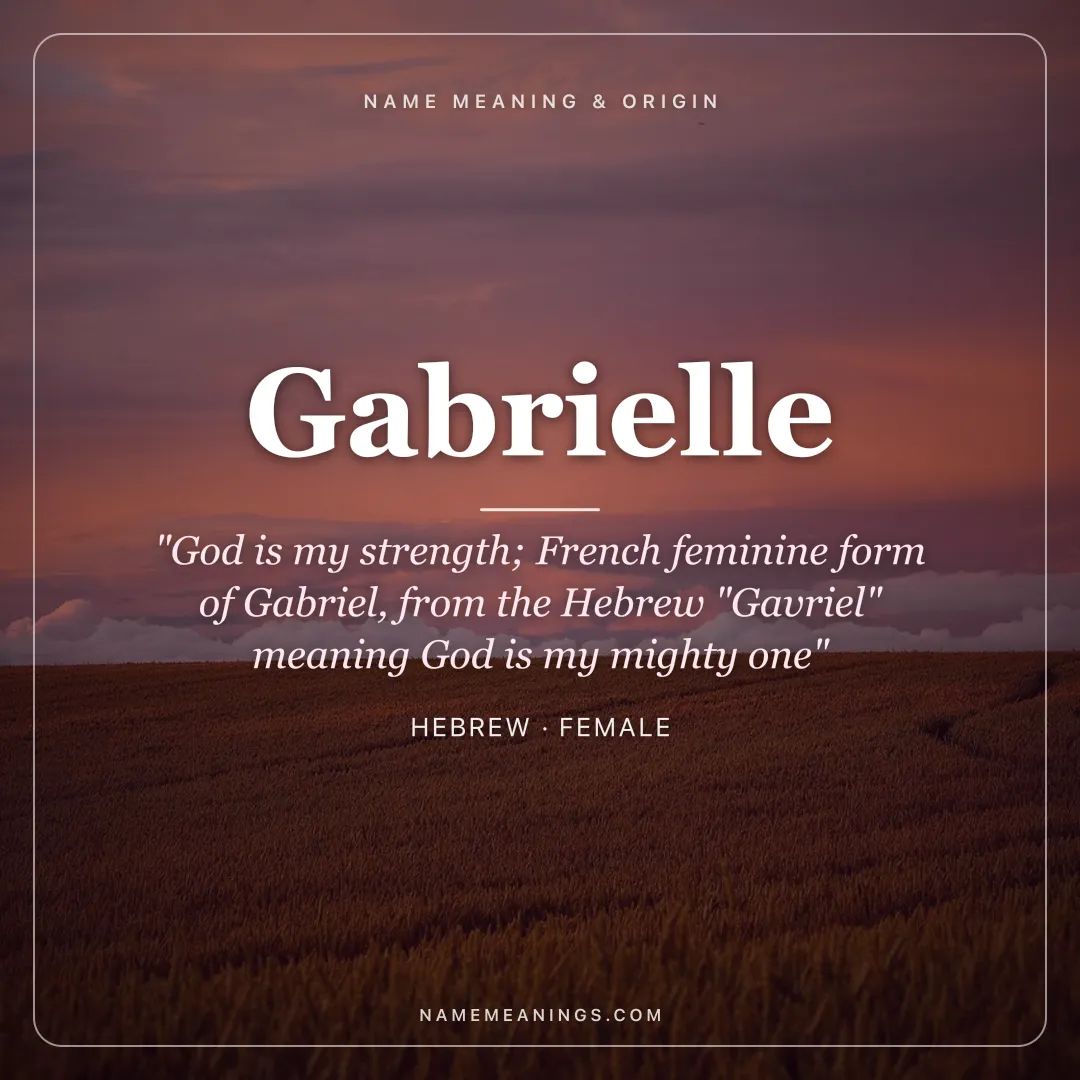 Gabrielle name meaning "God is my strength; French feminine form of Gabriel, from the Hebrew "Gavriel" meaning God is my mighty one" - Hebrew female name share card | NameMeanings