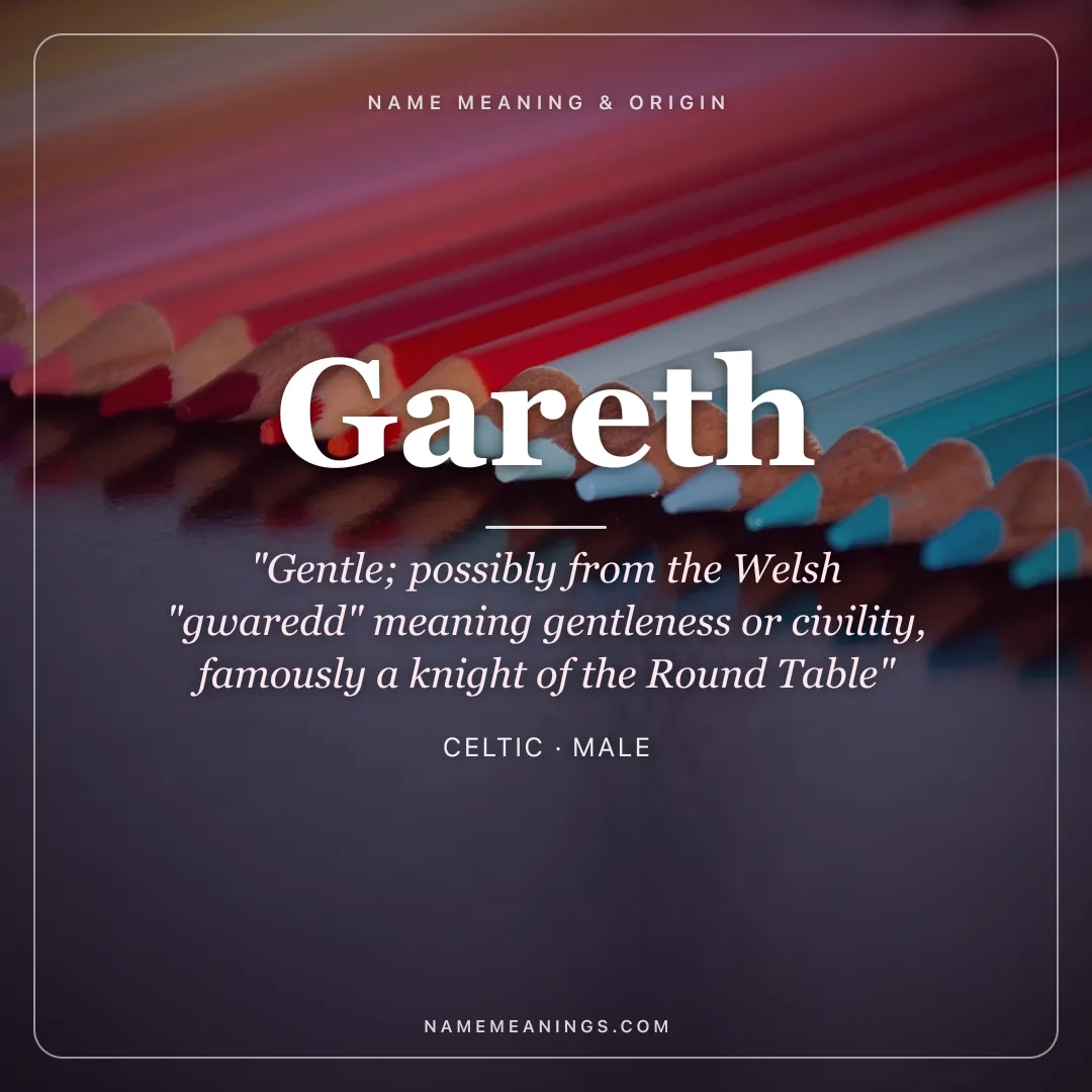 Gareth name meaning "Gentle; possibly from the Welsh "gwaredd" meaning gentleness or civility, famously a knight of the Round Table" - Celtic male name share card | NameMeanings