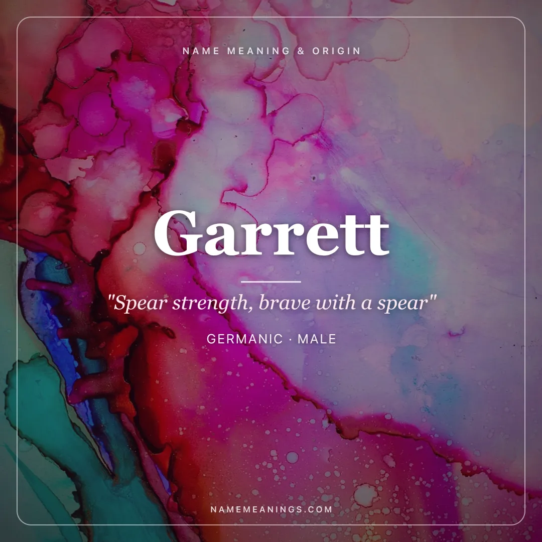 Garrett name meaning "Spear strength, brave with a spear" - Germanic, Irish male name share card | NameMeanings