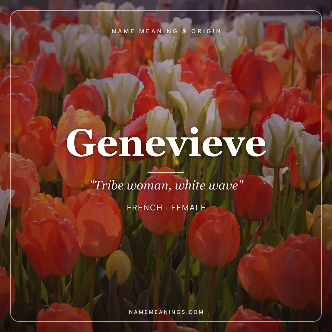 Genevieve name meaning "Tribe woman, white wave" - French, Celtic, Germanic female name share card | NameMeanings