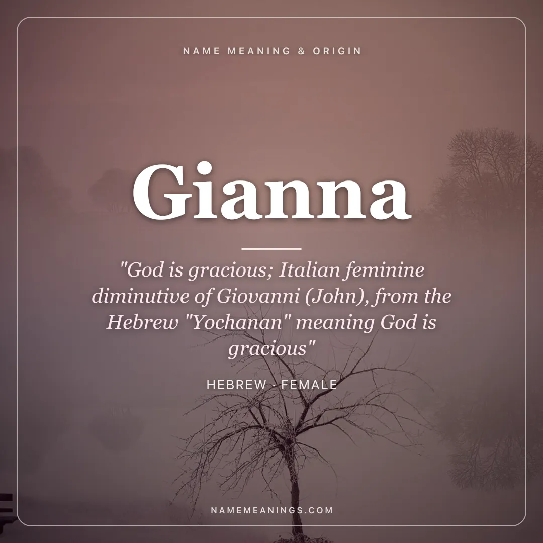 Gianna name meaning "God is gracious; Italian feminine diminutive of Giovanni (John), from the Hebrew "Yochanan" meaning God is gracious" - Hebrew female name share card | NameMeanings
